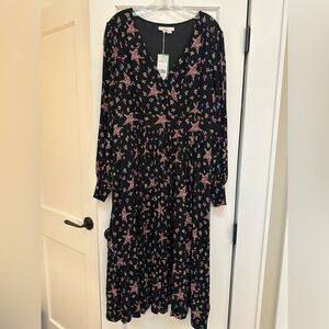 NWT BODEN PLEATED FAUX WRAP DRESS MOSAIC STARS AND FLORALS BLACK SIZE 16